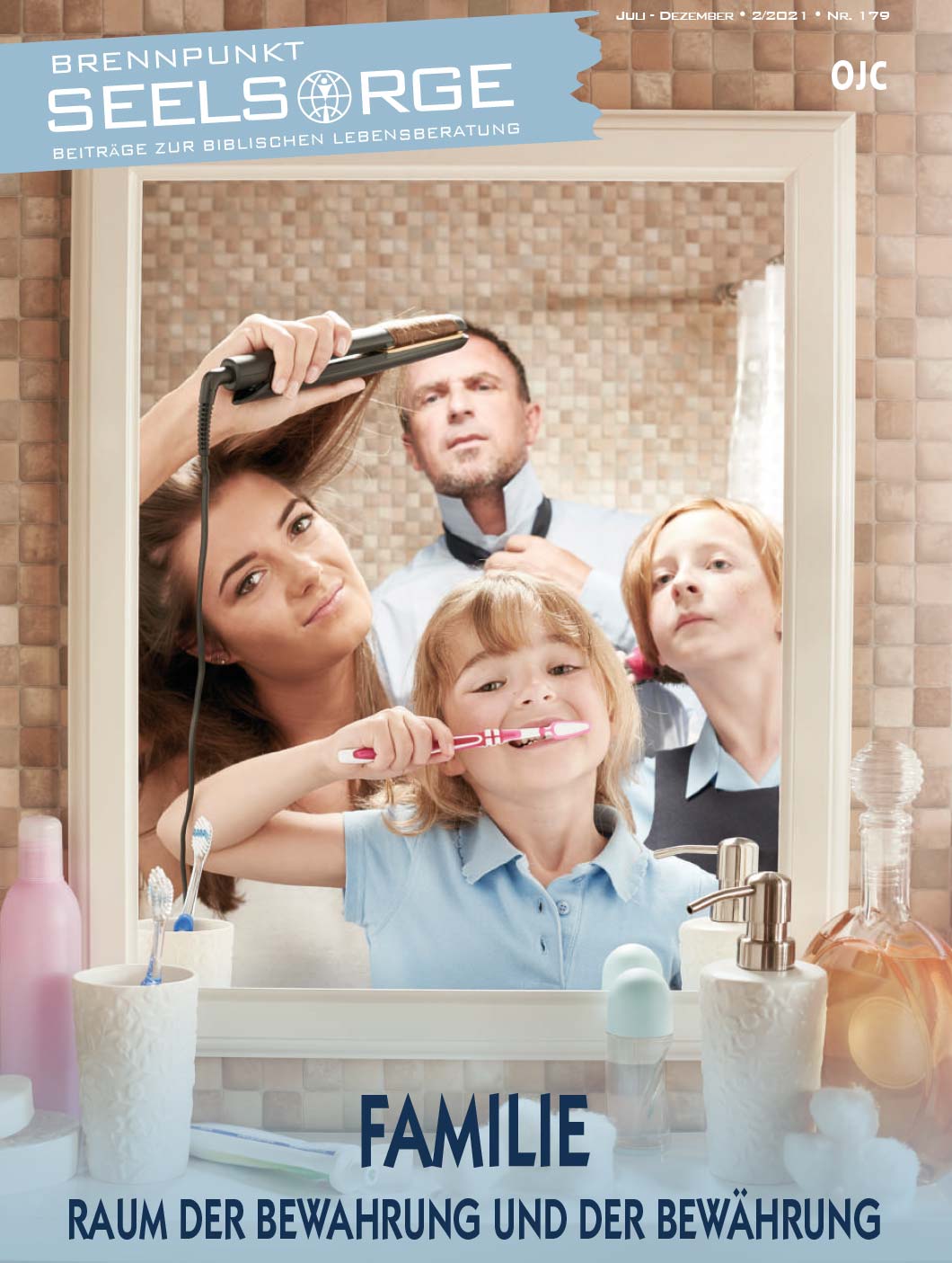 Brennpunkt-Seelsorge: Magazin-Cover mit Familie vor Badezimmerspiegel